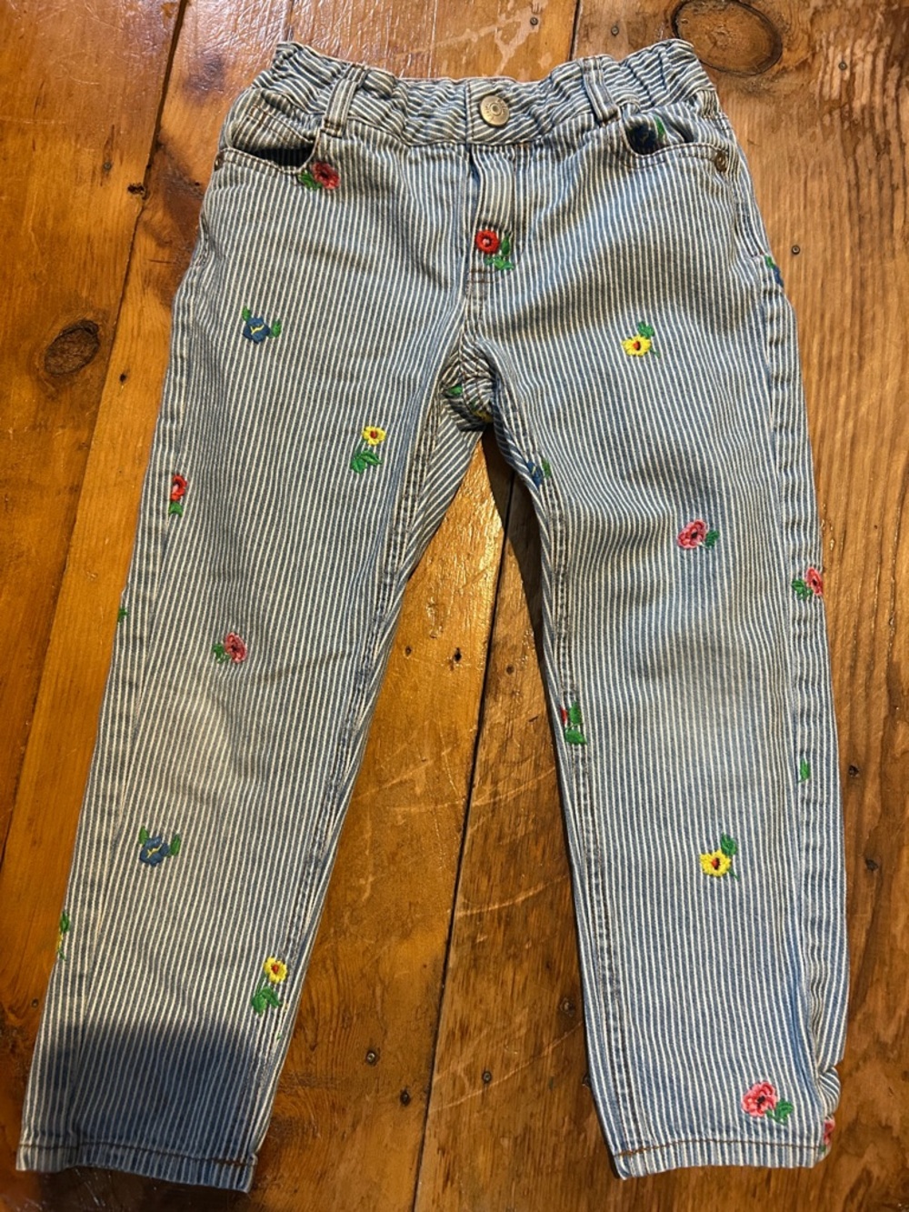 Mini Boden Striped Blue Floral Embroidered Kids Pants